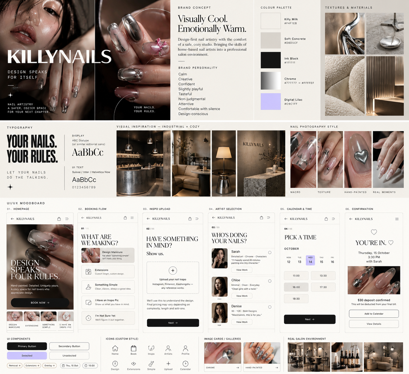 Supplied Killynails moodboard: industrial and cozy materials, warm neutral colours, chrome nail photography and booking UI references